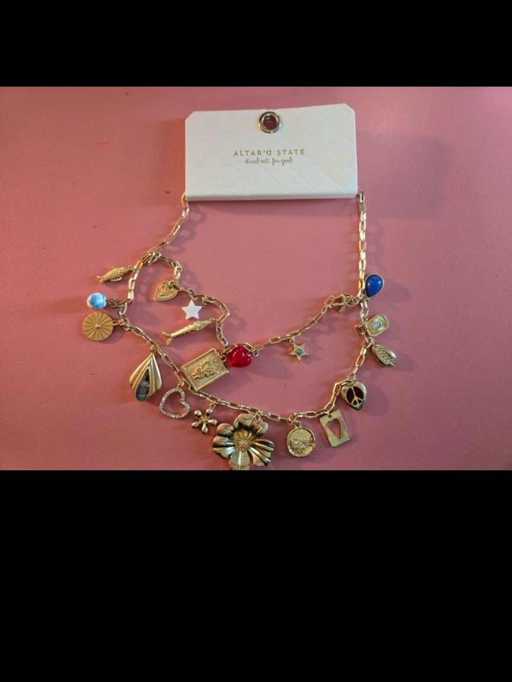 Altar'd State Gold Charm Necklace with Red, Blue, and Mother-of-Pearl Accents